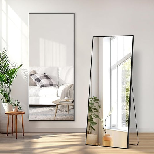 56"X18" Full Length Mirror, Black Floor Mirror with Stand Hanging or Leaning Against Wall Aluminum Alloy Frame Wall Mirror Full Length Tempered Glass for Bedroom Living Room