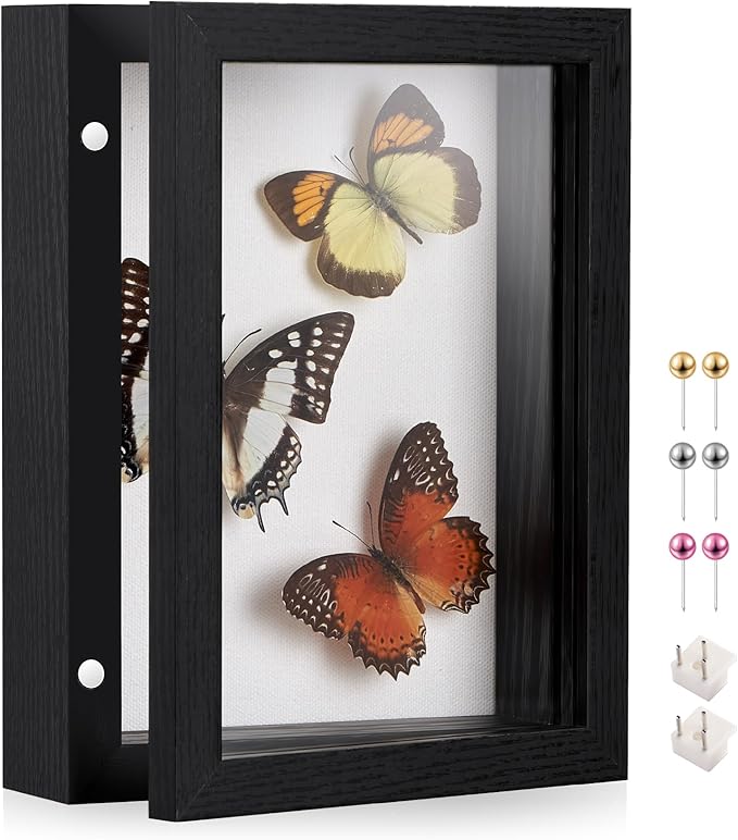 5x7 Deep Shadow Box Picture Frame Display Case with Linen Back and Stand,Real Glass Small Mini Black Shadow Memory Box Frame 5x7 for Insect Display Pet Photo Memorial Flower Art Craft Gift