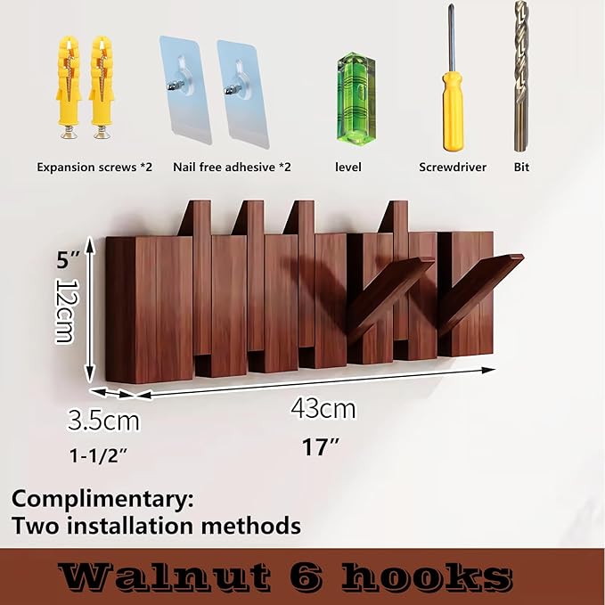 Wall Mounted Piano Key Hanger | Flip Style Hook | Entrance Wall Art Hook, Made of Oak Wood (3 Times Painted, 4 Times Polished) (Walnut, 6Hooks)