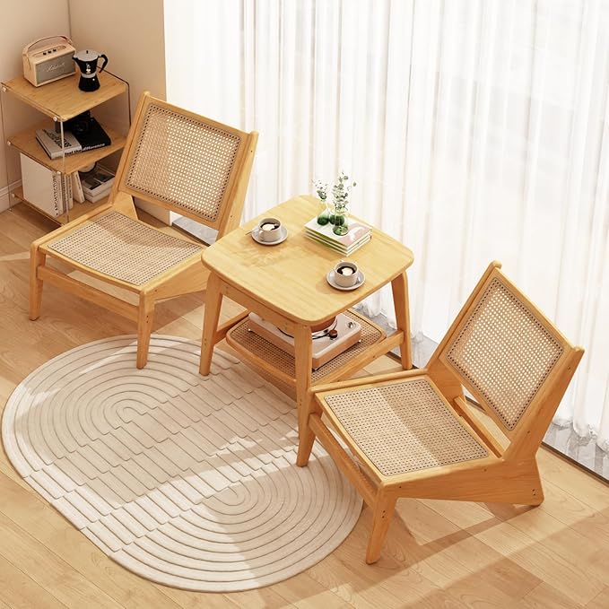 Rattan Chair 2Pcs, Mid Century Modern Accent Chair, Leisurely Reading Chair for Living Room（Wood）