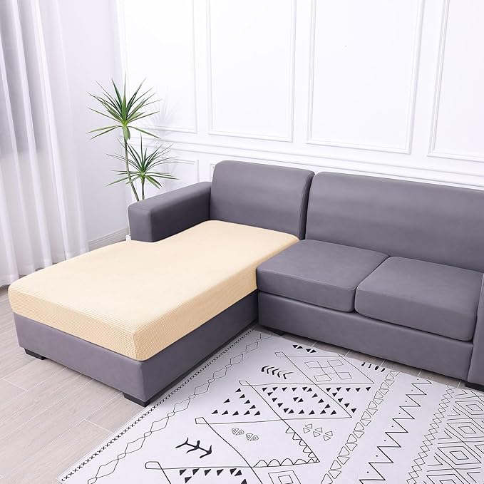 hyha Waterproof Sectional Couch Covers, Non Slip Sofa Couch Cushion Covers L Shape, Thick Stretch Jacquard Fabric, Washable Sofa Slipcovers with Elastic Bottom (1 Piece for Chaise XL, Beige)