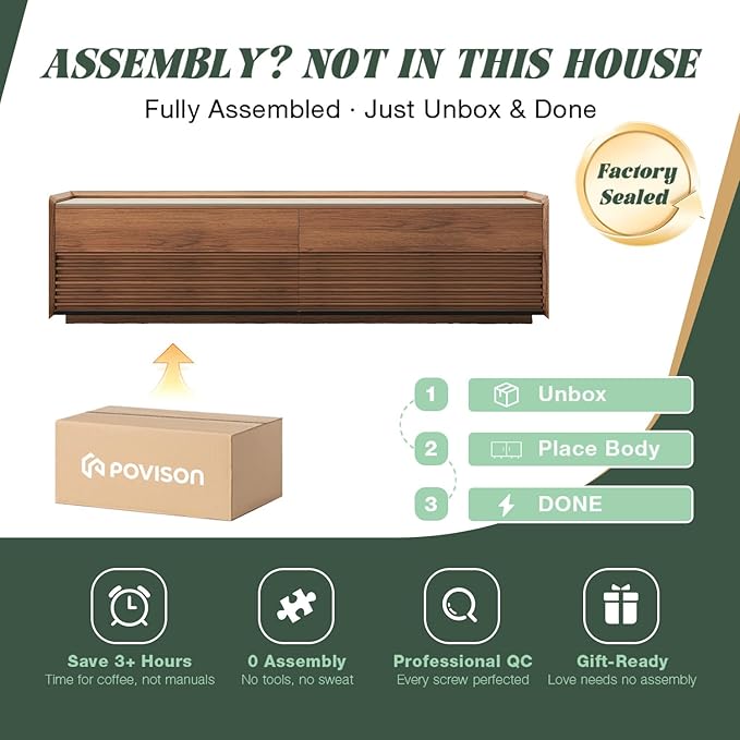 POVISON Fully-Assembled Mid Century Matte Sintered Stone TV Stand, 70.87" Wood Media Console with Adjustable LED Light, Entertainment Center with Storage for Living Room