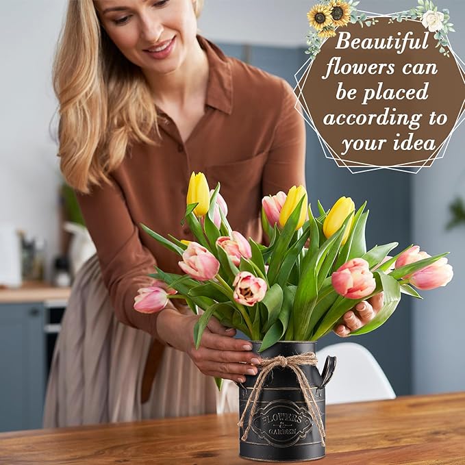 6 Inch Farmhouse Vase Decor Milk Can Vintage Flower Jug Galvanized Metal Vase with Handle Rustic Flower Buckets for Thanksgiving Christmas Table Centerpiece Weddings Gifts(Black,4 Pcs)