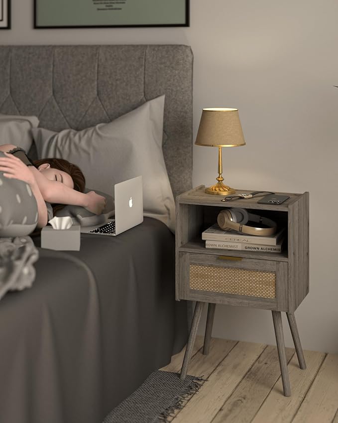 Rattan Nightstand,Modern Bedside Table with Storage Drawer and Open Wood Shelf, for Living Room, Bedroom and Small Spaces, Accent Night Stand with Solid Wood Legs, Easy Assembly(Grey Oak)