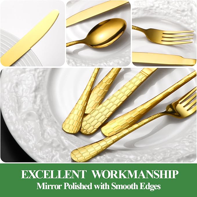 20 Pcs Gold Silverware Set for 4 with Water Cube Handle design, Food Grade Stainless Steel Flatware Set, Eating Utensils Sets Include Fork/Knife/Spoon, Reusable Cutlery Set, Dishwasher Safe