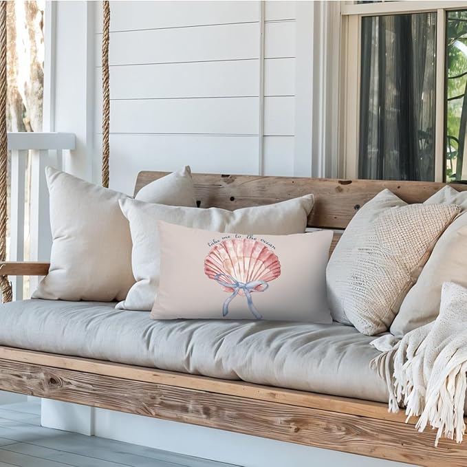Coastal Girly Room Decor Aesthetic 12x20 Pillow Cover, Take Me to The Ocean Coquette Bow Seashell Decorative Lumbar Pillow Covers for Girls Bedroom College Dorm Sofa Couch