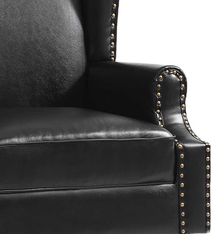 UIXE PU Leather High Back Accent Chair, Upholstered Armchair for Living Room, Retro Wingback Arm Chair Nailhead Trim Single Sofa Bedroom Reading Seat with Solid Wood Legs - Black