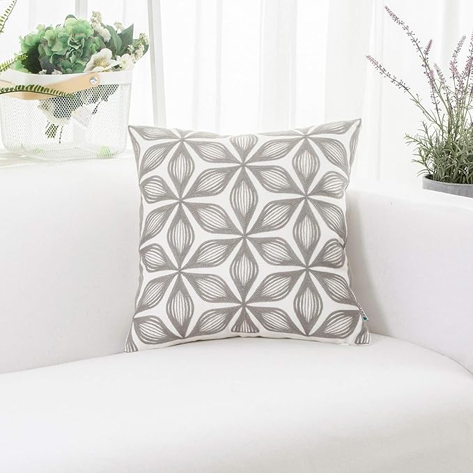 HWY 50 Grey Gray Decorative Throw Pillow Covers 18x18 Inch, Pack of 2 Embroidered Cotton Farmhouse Cushion Cover Pillow Case for Sofa Couch Living Room Bed Bedroon, Fashion Geometric Accent
