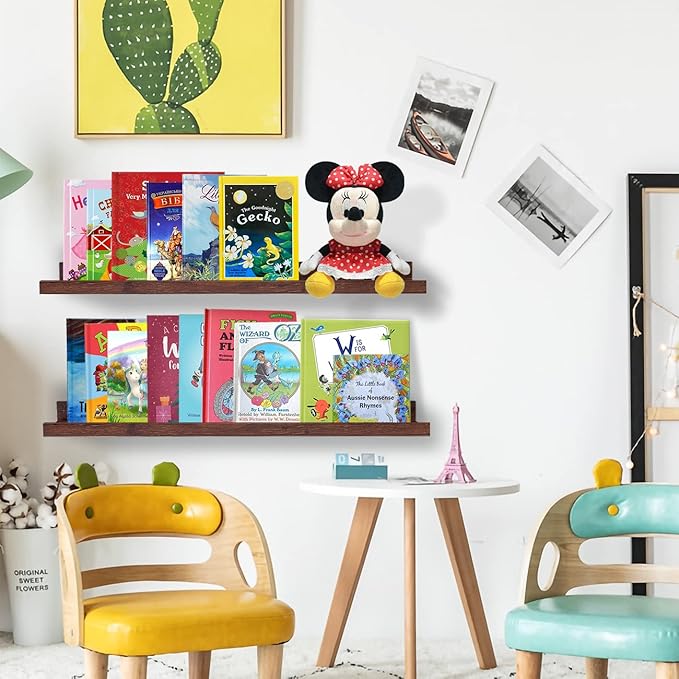AZSKY Floating Picture Ledge 36 Inch Wall Mount Floating Shelves Long Wood Floating Book Shelves for Kids Room Wall Shelves for Bathroom Decor Deep Walnut Set of 2