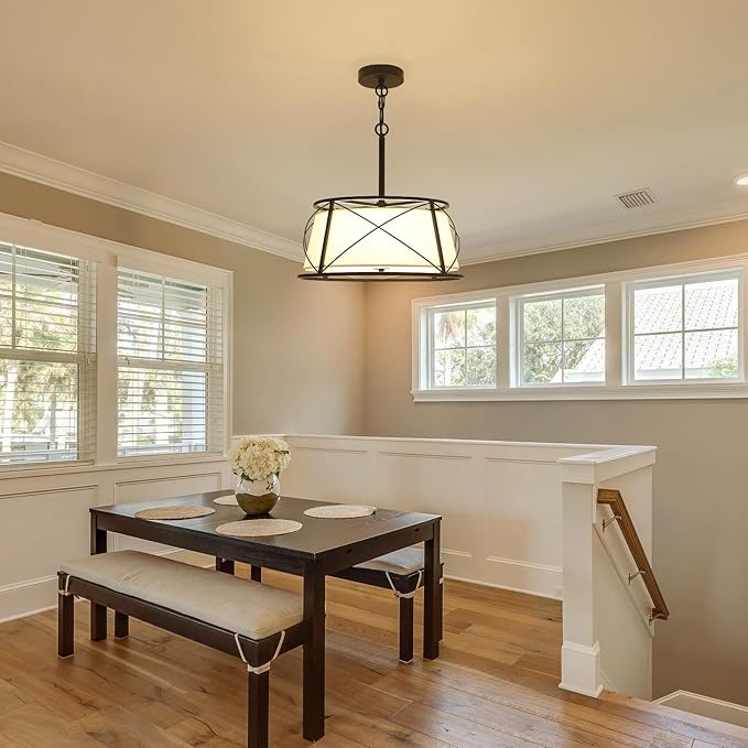 15.7" Black Drum Chandelier,3-Light Modern Farmhouse Chandelier,White Fabric Drum Shade Pendant Light Fixture for Dining Room Kitchen Island Bedroom Entryway