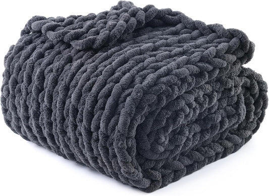 YnM Chunky Throw Blanket, Medium-Weight, Hand Knitted with Chenille Yarn, Skin Friendly, Ventilated and Breathable, Machine Washable, Home Décor Piece for Couch, Sofa and Bed (Lava Grey, 50x60 Inch)