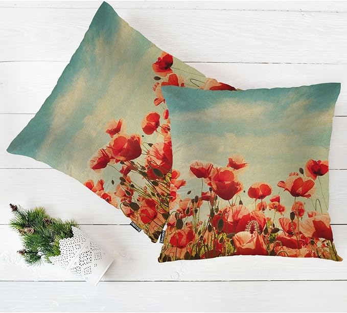 Swono Poppy Bed Pillow Covers, Vintage Blossom Red Roses Poppies Flied Decorative Throw Pillow Cover Cushion Case for Sofa Bed Living Room Farmhouse Decorations, 18"X18" 2 Pieces Pillowcases