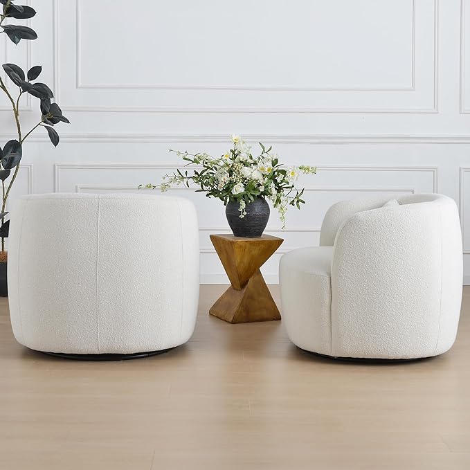 KINWELL 34" Wide Sherpa Swivel Barrel Chairs Set of 2, No Assembly Round Boucle Upholstered Accent Chairs Armchairs Single Sofa Chair with Toss Pillow for Living Room and Bedroom, Beige