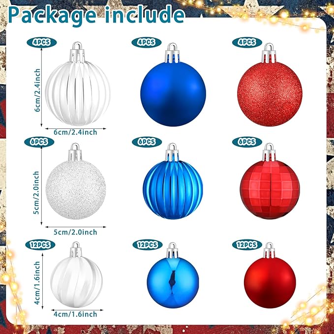 64 Pcs Veterans Day Patriotic Christmas Ball Ornaments Bulk Red White Blue Christmas Tree Ornaments 1.6/1.97/2.4 Inch Xmas Baubles 4th of July Xmas Decorations for Tree Home Wreath Decor