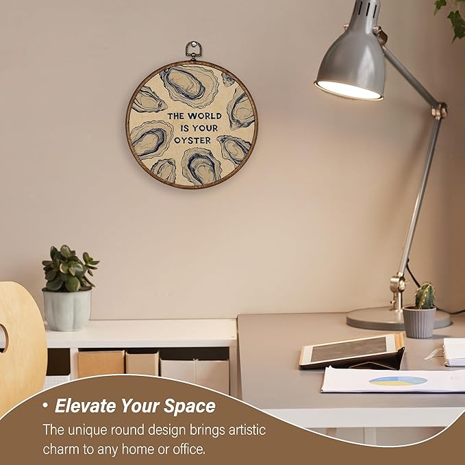 XBBMGG Oyster Wall Art Decor, Coastal Vintage Oyster Shell Round Wall Hanging Decor, Beach Ocean Nautical The World Is Your Oyster Framed Canvas Prints for Living Room Bathroom Decorations, 10x10inch