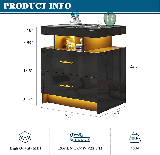 Night Stand with Light, High Gloss Nightstand with USB/Wireless Charging Station, LED Black Nightstands with Storage Drawers, RGB Side End Table for Bedroom Furniture（Black）