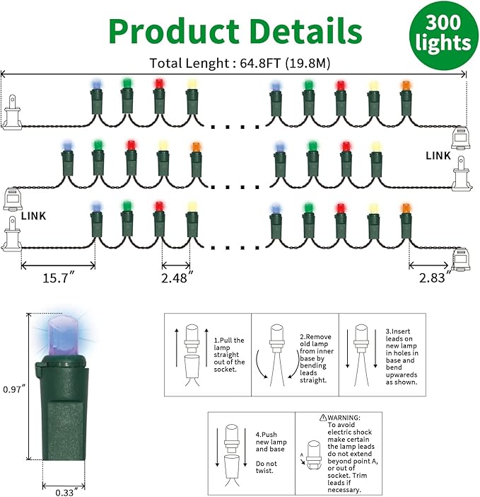 Multicolor Wide Angle LED Christmas Lights, 64.8 Ft 300 Count, Pack of 3 Strands 21.9 Ft 100 Lights UL Certified Commercial Grade Green Wire 5mm Holiday String Light