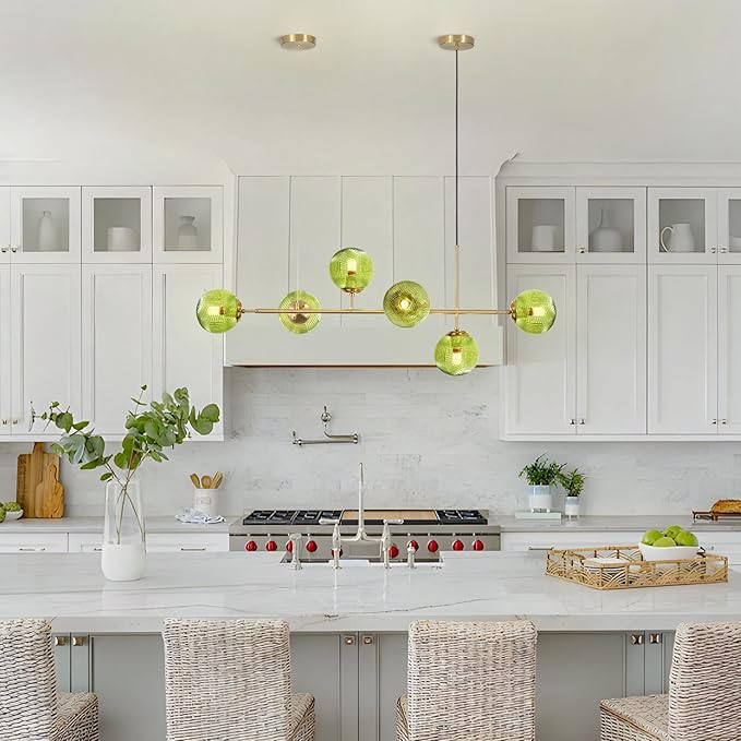 KCO Lighting 6 Green Glass Pendant Lights Kitchen Island Mid Century Modern Globe Sputnik Chandelier Brushed Gold Linear Island Light Fixture for Dining Room