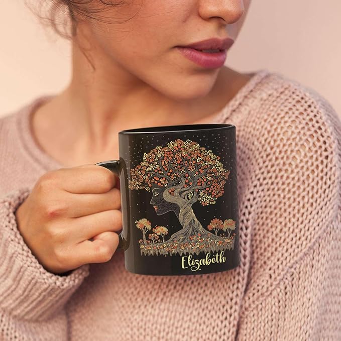 Custom Name Coffee Mug 11oz 15oz, Unique Nature Inspired Coffee Cup for Women, Personalized Vibrant Nature Themed Black Cup, Artistic Tree Ceramic Mug, Gifts for Women's Day