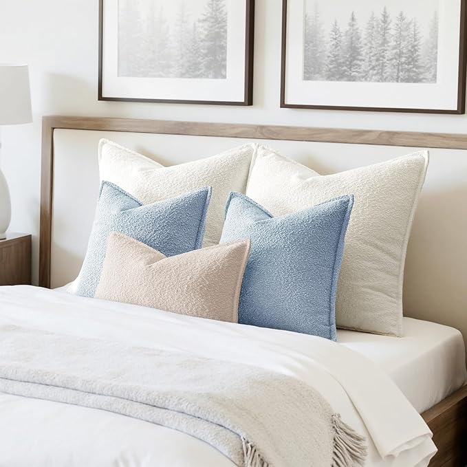 MIULEE Pack of 2 Decorative Textured Boucle Throw Pillow Covers 18x18 Inch Light Blue Broadside Thick Coastal Boho Pillows for Farmhouse Accents Sofa Couch Bedroom Living Room Home Decor