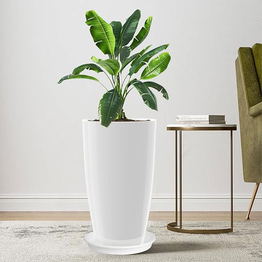 Tall Flower Pot Indoor - Outdoor Plant Pot - White Glossy Planter - Elegant Ceramics Imitation - 12" Diameter 21" Tall with Drainage Holes and Saucer