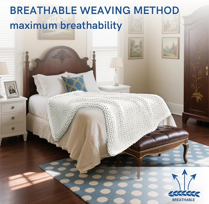 YnM Cooling Chunky Throw Blanket, Medium-Weight, Hand Knitted, Skin Friendly, Ventilated and Breathable, Machine Washable, Home Décor Piece for Couch, Sofa and Bed (White, 50x70 Inch)