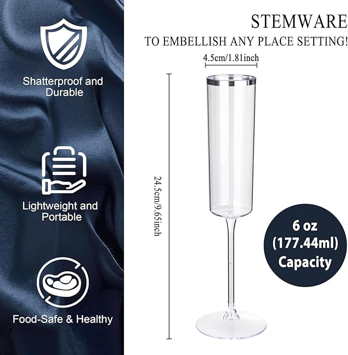 Ciaell 24 Pack Silver Plastic Champagne Flutes - 6 Oz Disposable Champagne Glasses - Square Silver Rim Plastic Toasting Glasses for Party Birthday Anniversary Wedding