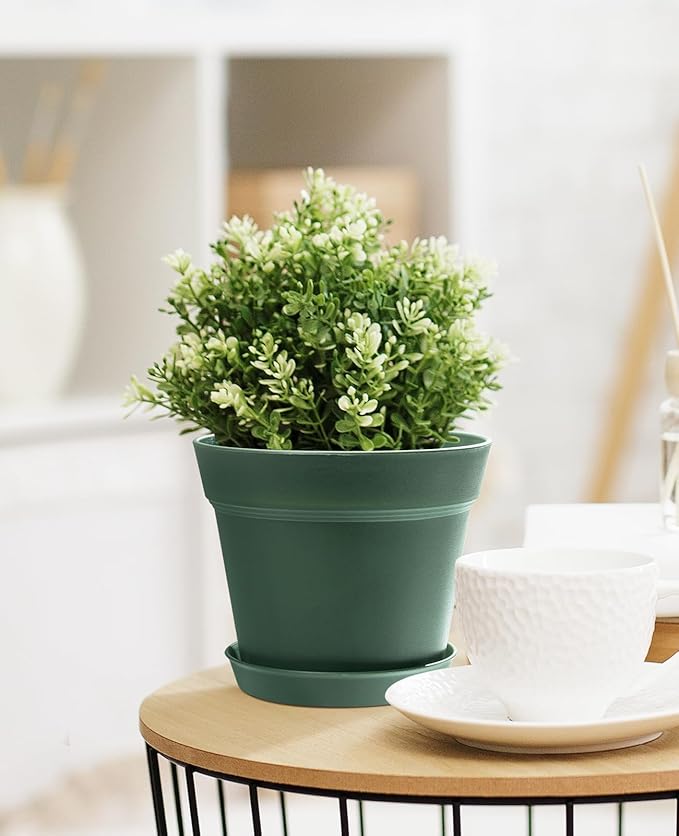 homenote Plant Pots,15 Pack 6 inch Flower Pots with Multiple Drainage Holes and Saucers,Plastic Planters for All Home Garden Flowers Succulents(Green)