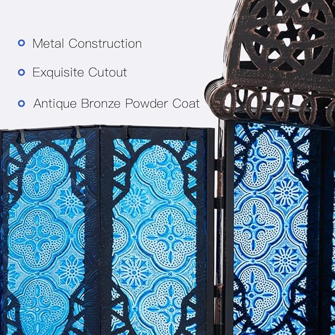 NEEDOMO Hanging Moroccan Lantern, 11'' Vintage Candle Holder, Metal Lanterns Decorative Indoor Outdoor, Table, Patio, Porch, Shelf, Gothic Home Decor (Blue, Medium Size)
