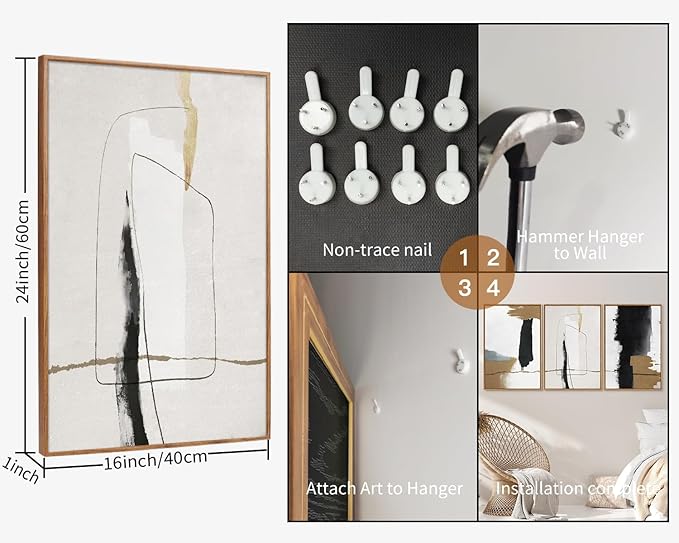 SIGNINART Black and White Abstract Framed Canvas Wall Art Set of 3, Beige Neutral Art Prints, Minimalist Modern Wall Decor for Living Room, Bedroom, Office,Above Couch 16"x24"x3