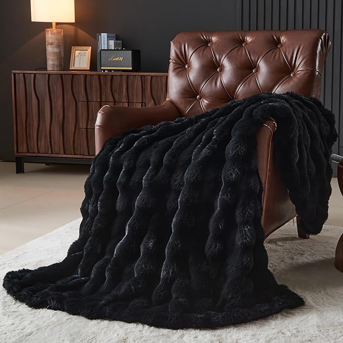 Lotus Karen Faux Fur Blanket Black - Big Bubble Rabbit Fluff King Throw for The Bed Large Fluffy Fuzzy Cozy Thick Furry Plush Shaggy Blankets 108x90 Inches