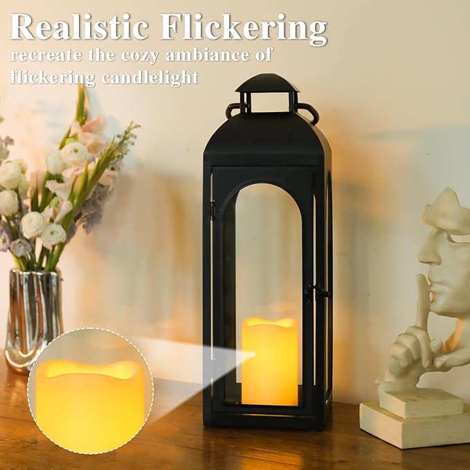 Bdor 20 Inches Metal and Stainless Steel Glass Decorative Lantern with Electronic Wax Effect - Indoor/Outdoor Decorative Lighting, Handcrafted Aesthetic, Perfect for Home, Parties, and Holiday Decor