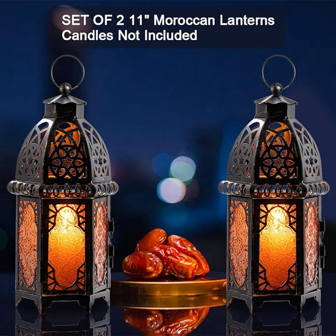 NEEDOMO Set of 2 Moroccan Lanterns Decorative Indoor & Outdoor, Hanging Candle Lantern, 11'' Vintage Candle Holder, Metal Lanterns Decorative, Table, Patio, Porch, Shelf, Gothic Home Decor (Amber)