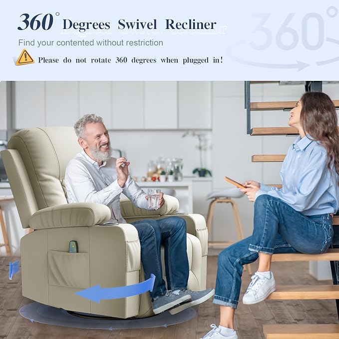 Recliner Chairs for Adults, Massage Rocker with Heated Modern Ergonomic Lounge 360 Degree Swivel Single Sofa Seat Living Room Lounge Recliners Ivory White