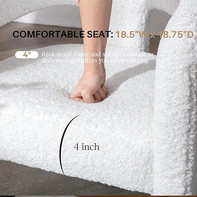 White Boucle Dining Chairs Set of 2, Modern Barrel Dining Room Chairs Upholstered Faux Fur Accent Chair with Arms and Round Back for Living Room Kitchen Armchair No Assembly Needed