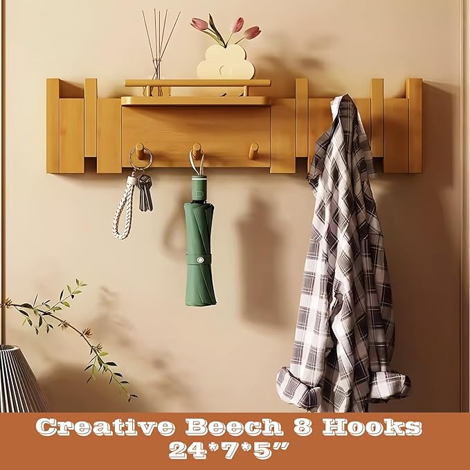 Wall Mounted Piano Key Hanger | Flip Style Hook | Entrance Wall Art Hook, Made of Oak Wood (3 Times Painted, 4 Times Polished) (Fence Beech, 8Hooks)