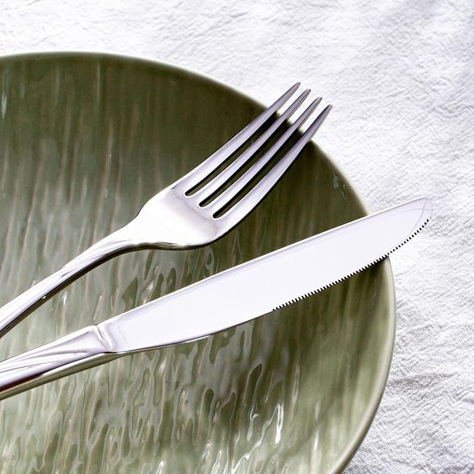 HIKAA Wave Design Silverware Set Service for 2, 10-Piece Artistic Stainless Steel Flatware Set with Fibonacci Pattern, Heavy Duty Mirror Polished Cutlery Set