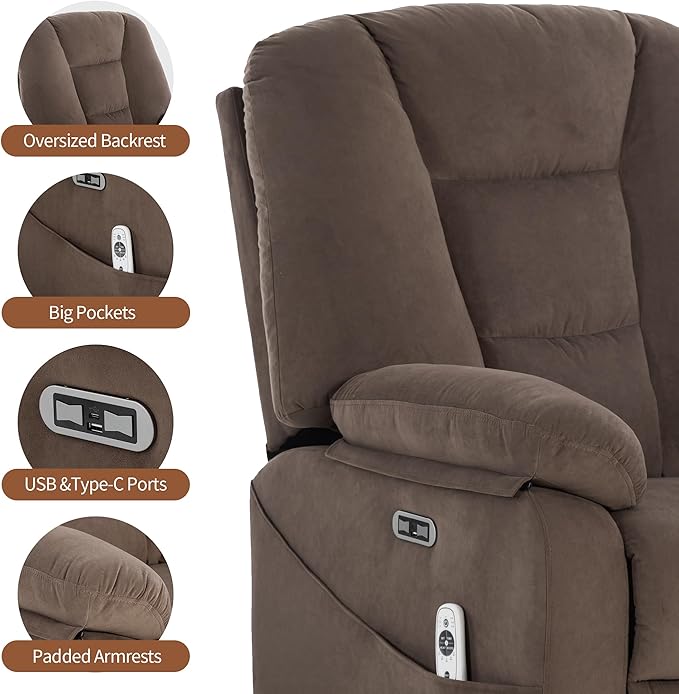 Power Swivel Rocker Recliner Chair for Adults,Rocking Recliners Chairs with Massage and Heat for Living Room, Electric Fabric Reclining Sofa Chair with USB and Type-C Port (Fabric Brown)