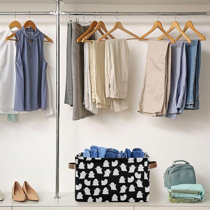 Storage Basket Bin Halloween Ghosts Organizer Basket Collapsible Shelf Basket Cube with handle for Nursery Bedroom Bathroom (white 24)