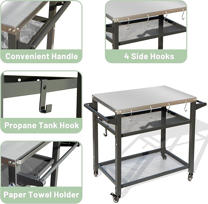 Domi 3-Shelf Outdoor Grill Table, Grill Cart with Wheels, Outdoor Pizza Oven and Food Prep Table, Blackstone with Stainless Steel Tabletop, BBQ Stand for Blackstone Griddle for Outside BBQ