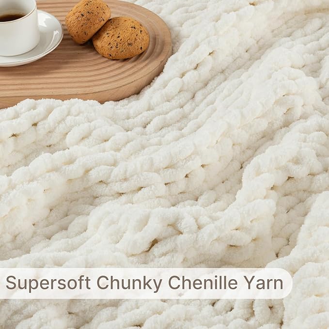 Chunky Knit Blanket Throw, 100% Hand Knit Throw Blanket Handmade Chenille Cable Knit Throw for Couch, Stylish Cozy Soft Rope Knot Crochet Blanket for Home Decor, Ivory, 40x50 Inches