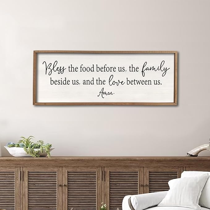 Bless the Food Before Us Sign Wall Decor 40"X15" Large Farmhouse Dining Room Wall Decor Framed Wood Rustic Home Wall Art Kitchen Hanging Decoration (Wood White)