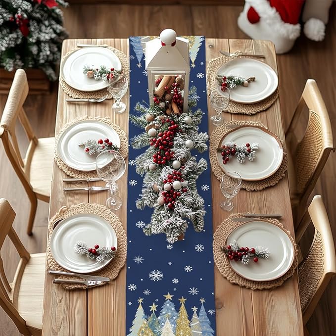 GEEORY Christmas Table Runner 13x36 Inch, Xmas Trees Snowflakes Holiday Decorative Farmhouse Table Decoration for Kitchen Dinning, Indoor Outdoor Dinner Party Decor (Blue) GT151-36