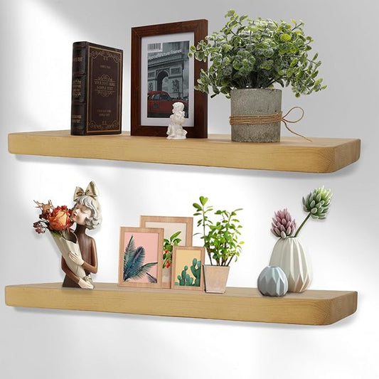 Solid Wood Floating Shelves Set of 2 - Natural, Warp & Crack Resistant 23.62 Inch Wall Shelf with Invisible Brackets Thicker, More Durable for Bathroom, Bedroom, Kitchen, Living Room (Wood, 23.62)