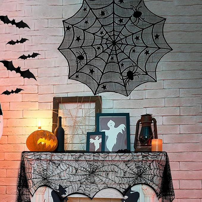Hommtina 4 Pack Halloween Decorations Tablecloth Runner Black Lace Round Spider Cobweb Table Cover Fireplace Mantel Scarf Spiderweb with 60 Pcs 3D PVC Scary Black Bat Sticker Halloween Party Supplies