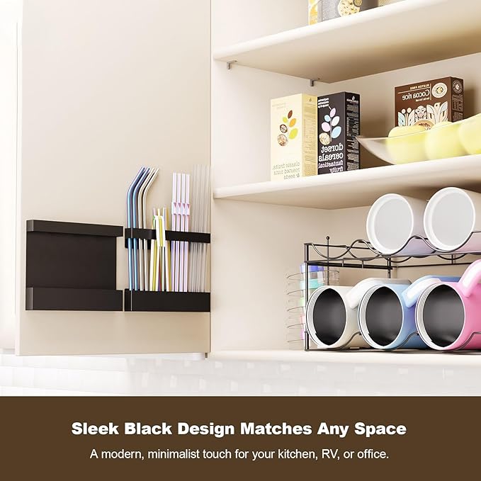 Magnetic & Adhesive Straw Organizer – Carbon Steel Utensil Holder for Reusable Straws, Chopsticks & Stirrers – Wall or Fridge Mount, Space-Saving Black Storage Rack