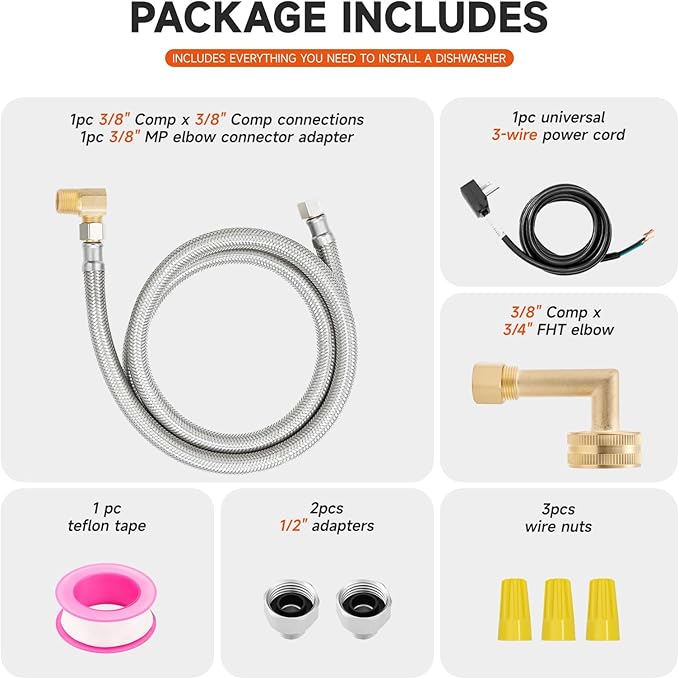Roastove Universal Dishwasher Installation Kit,4 Ft Stainless Steel Dishwasher Hose,Burst Proof Water Supply Line with 3/8" Compression Connections