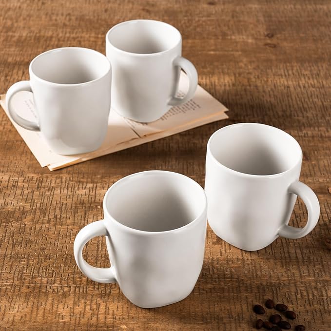 famiware Coffee Mugs Set of 4, Ocean Square 13oz Coffee Cup Set with Handle for Cocoa, Milk, Hot Chocolate, Tea, Water, Stoneware Cups for Kitchen, Microwave and Dishwasher Safe, Matte White