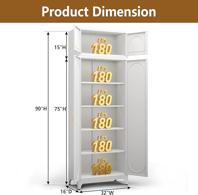 Kitchen Pantry Cabinet, 90" Tall Metal Pantry Cabinet, Food Cupboards with Doors and Shelves, Freestanding Storage Cabinets for Dining, Living Room, 16"D x 32"W x 90"H, White, Assembly Required