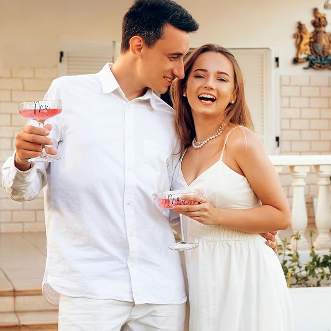 Ribbed Coupe Glasses for Anniversary Engagement Wedding Bridal Shower Gifts for Couple, Crystal Martini Glasses Set of 2, 10 Oz Vintage Wedding Mr and Mrs Champagne Flutes, Margarita Cocktail Glasses